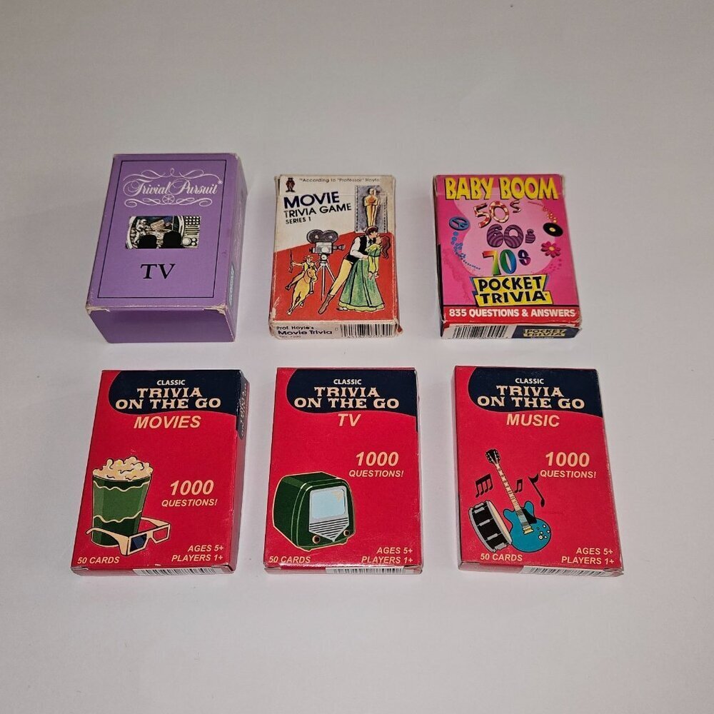 6 Trivia Cards Lot On Go Movies Music TV Baby Boom Trivial Pursuit Travel Games